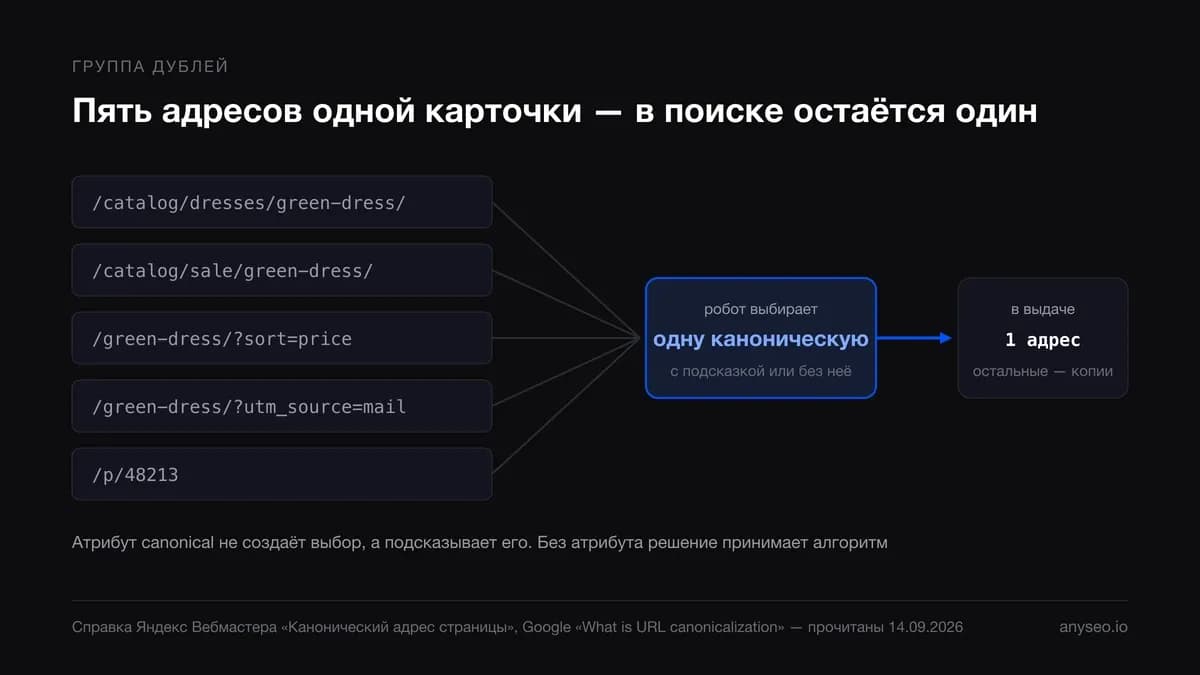 Пять адресов одной карточки товара сходятся в одну каноническую страницу, в выдаче остаётся один адрес