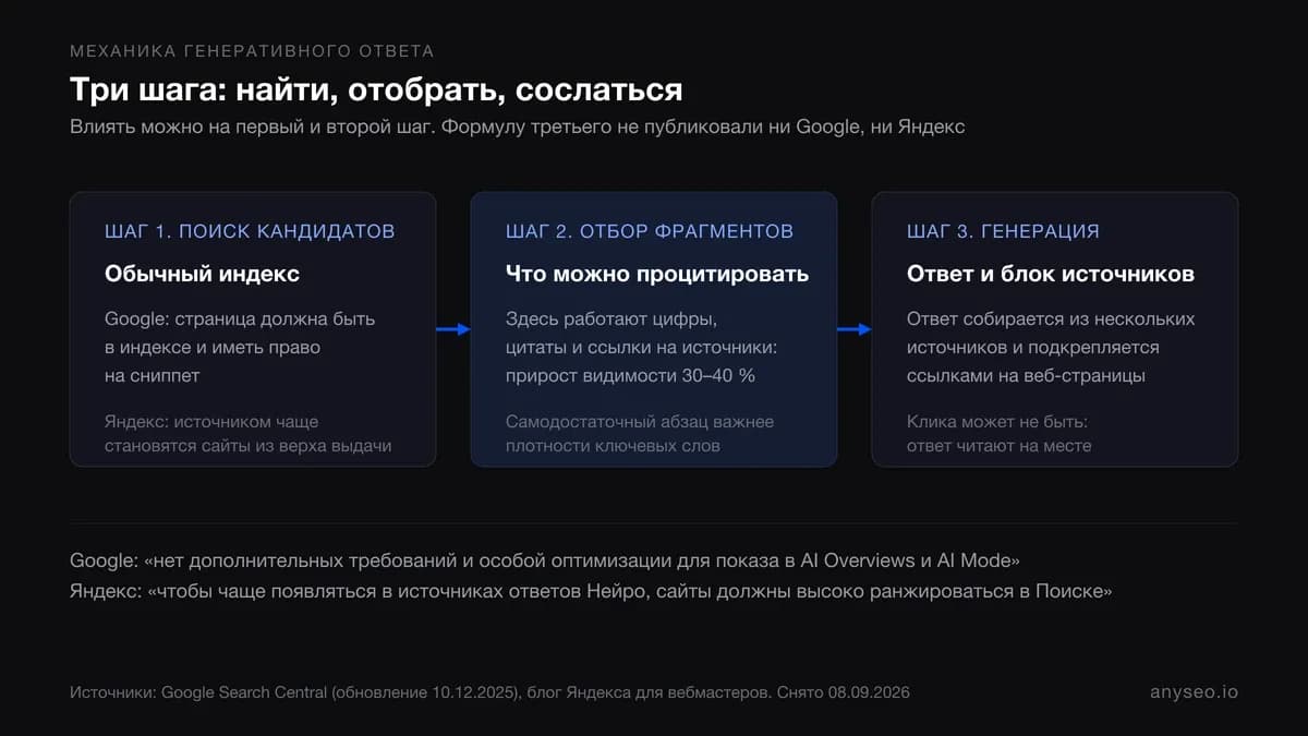 Схема трёх шагов генеративного ответа: поиск кандидатов в обычном индексе, отбор фрагментов для цитирования, генерация ответа со ссылками